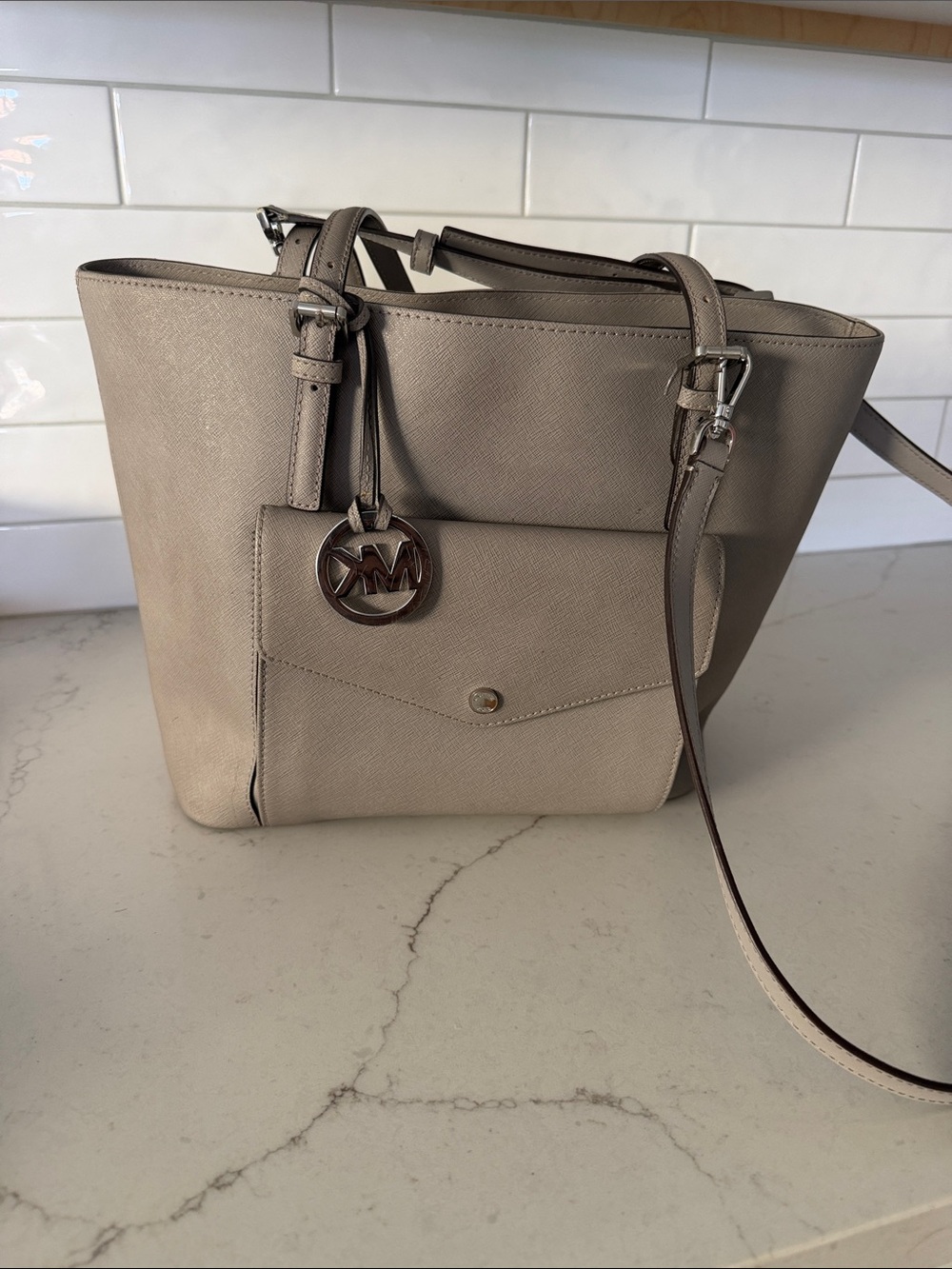 Michael Kors Pebbled Taupe Tote with Front Pocket and MK Charm